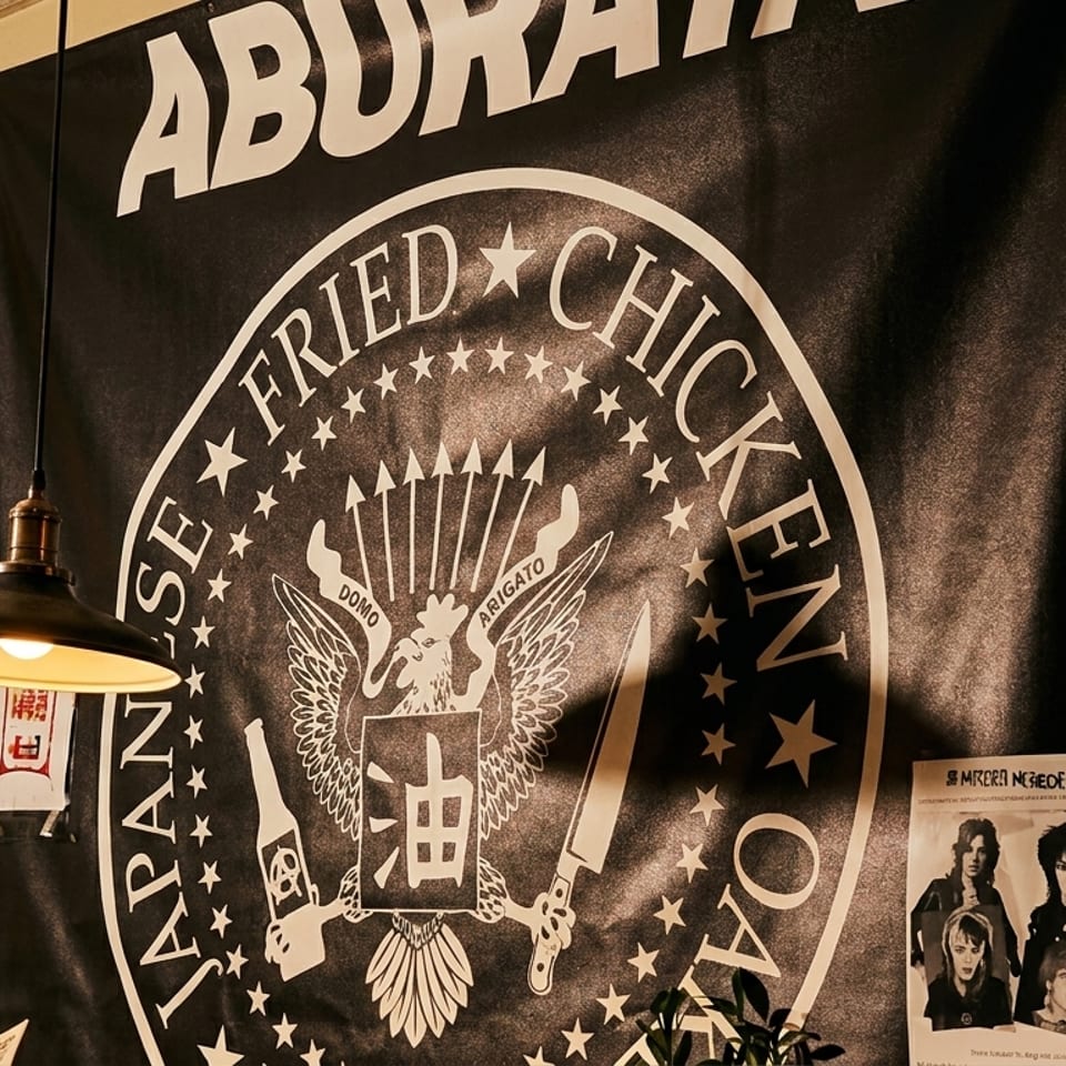 A black banner with "Japanese Fried Chicken" and a chicken logo hangs on a wall with posters.