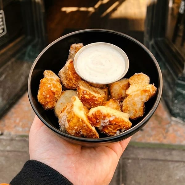 Hand holding a black bowl of fried cheese curds with a side of ranch dressing.